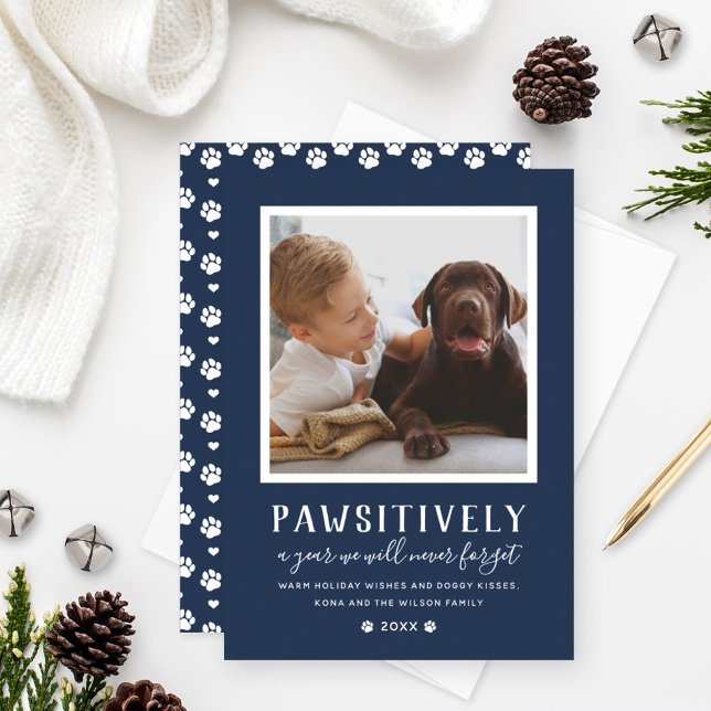 Pawsitively Unforgettable Year Navy Dog Photo Holiday Card (Creator Uploaded)