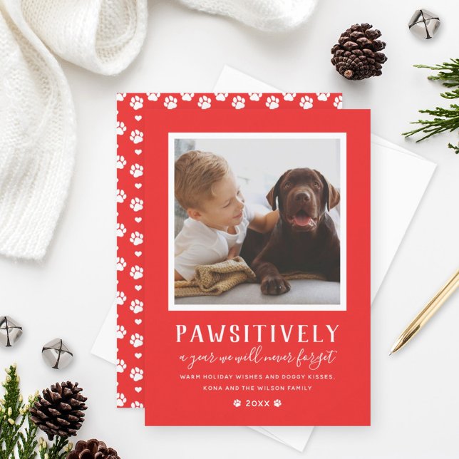 Pawsitively Unforgettable Year Red Puppy Dog Photo Holiday Card (Creator Uploaded)