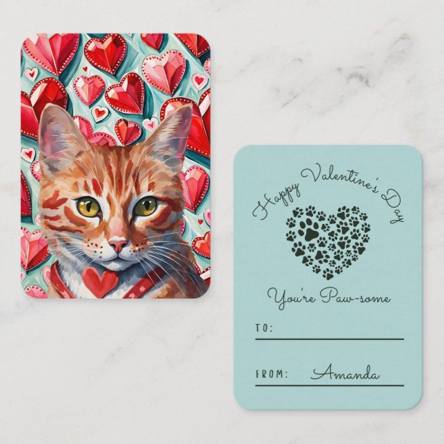 'Pawsome' Orange Tabby Cat Classroom Valentine Card (Front/Back)
