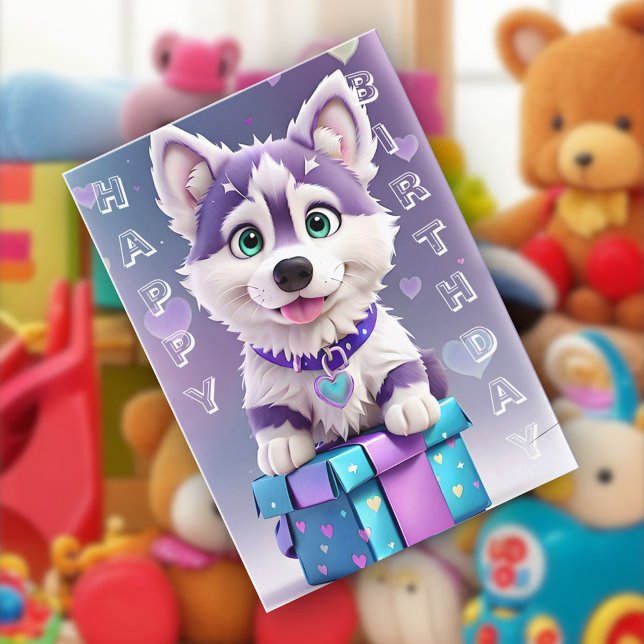 Pawsome Presents Husky Puppy Celebrates Birthday  Card (Creator Uploaded)