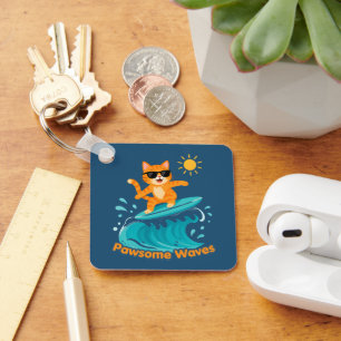 Pawsome Waves Surfing Orange Cat Acrylic / Metal  Key Ring