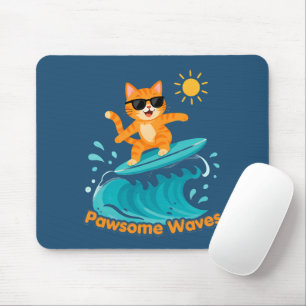 Pawsome Waves Surfing Orange Cat Mouse Pad