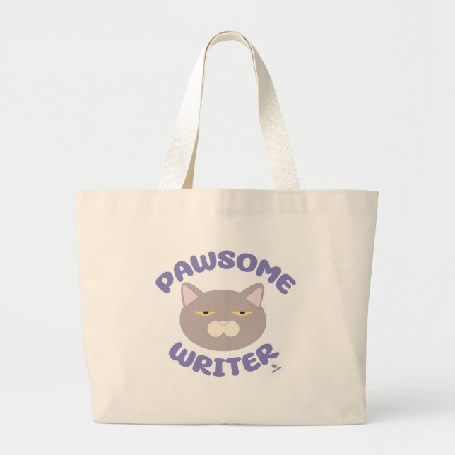 Pawsome Writer Epic Author Cat Character Large Tote Bag (Front)