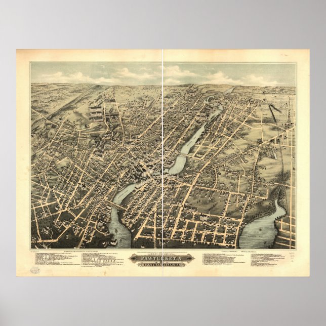 Pawtucket Rhode Island 1891 Antique Panoramic Map Poster (Front)