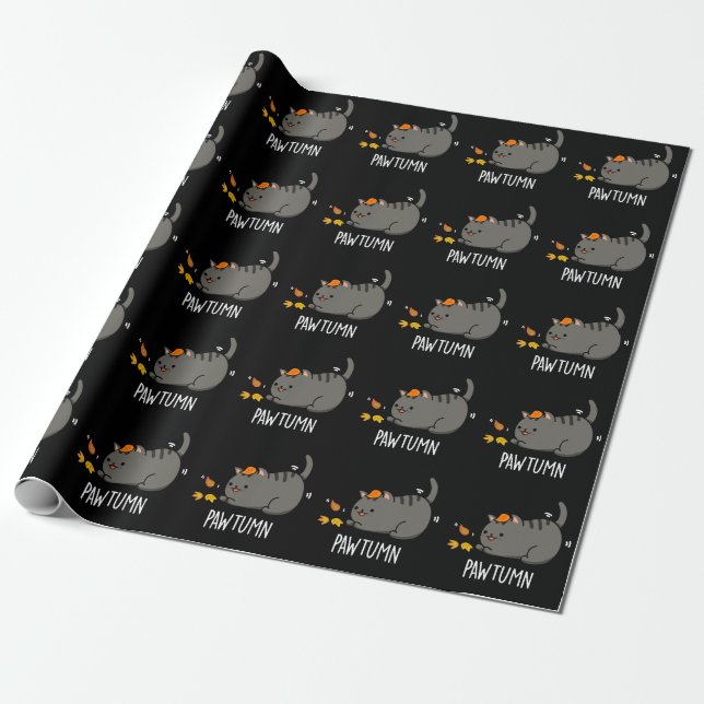 Pawtumn cute Autumn Kitty Cat Pun Dark BG Wrapping Paper (Unrolled)