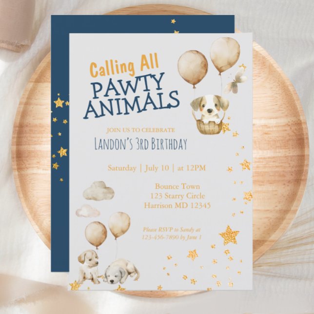 Pawty Animal Puppy Dog Boys Third Birthday Invitation (Creator Uploaded)