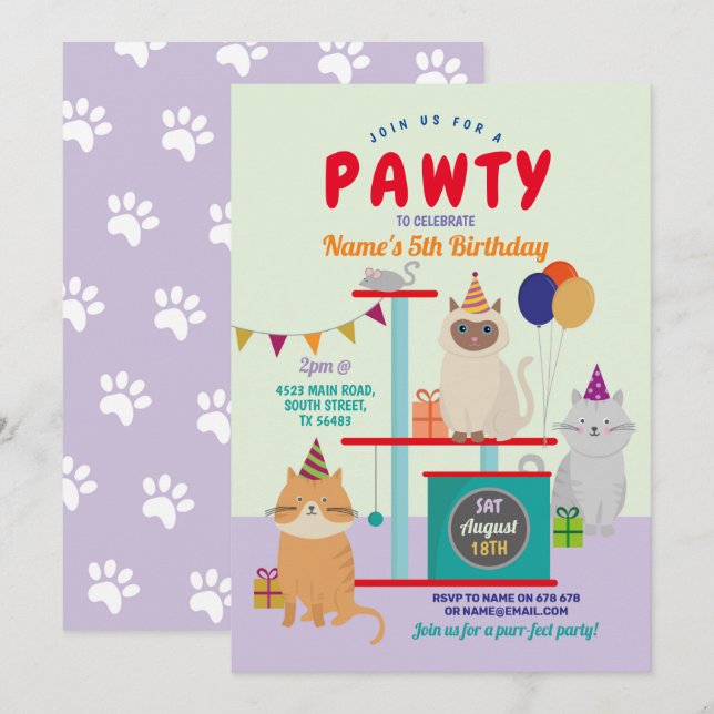 Pawty Birthday Cat Kitten Paw Fun Purple Invitation (Front/Back)