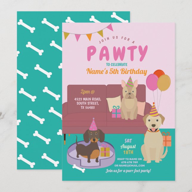 Pawty Birthday Dogs Party Puppy Fun Pink Invitation (Front/Back)