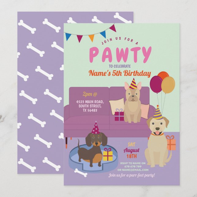 Pawty Birthday Dogs Party Puppy Fun Purple Invitation (Front/Back)
