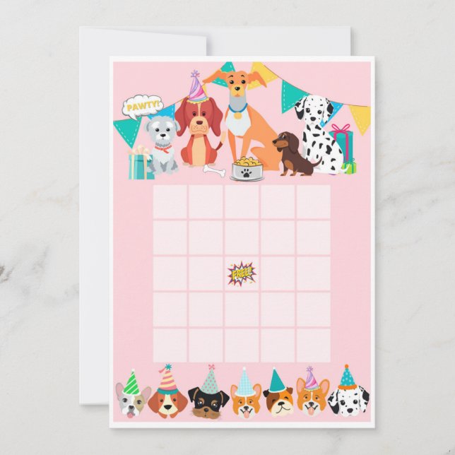 Pawty puppy dog birthdy bingo crads invitation (Front)