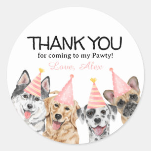 Pawty Puppy Dog Thank You Birthday Party favor  Classic Round Sticker