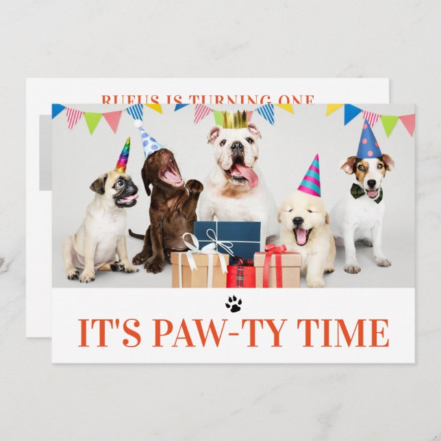 Pawty Time Dog Themed Birthday 5 Photo Card (Front/Back)