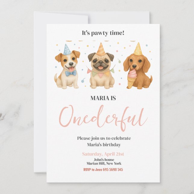 Pawty Time Puppy Dog ONEderful Birthday Party Invitation (Front)