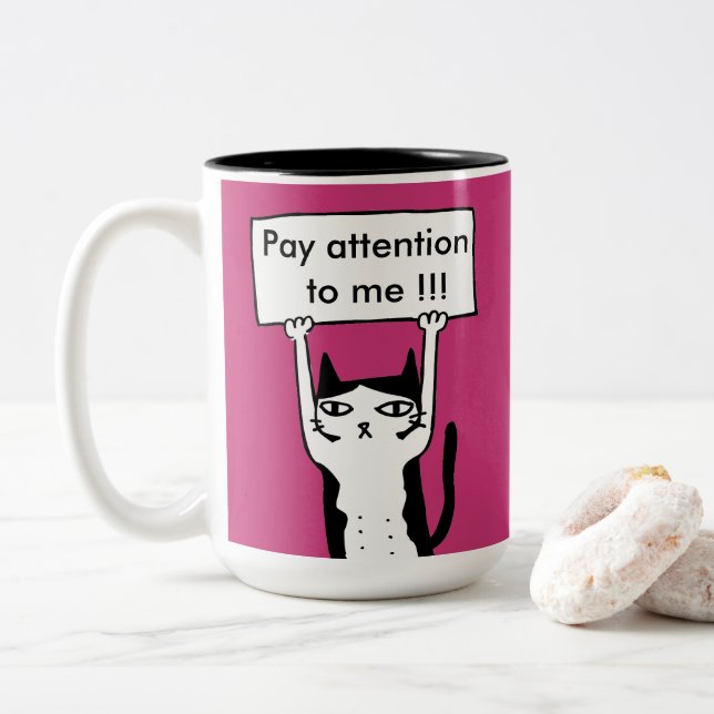 Pay attention to me board holding cat illustra Two-Tone coffee mug (With Donut)