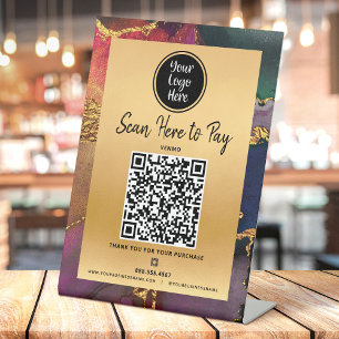 Pay Here QR Code Logo Gold Purple Navy Agate Pedestal Sign