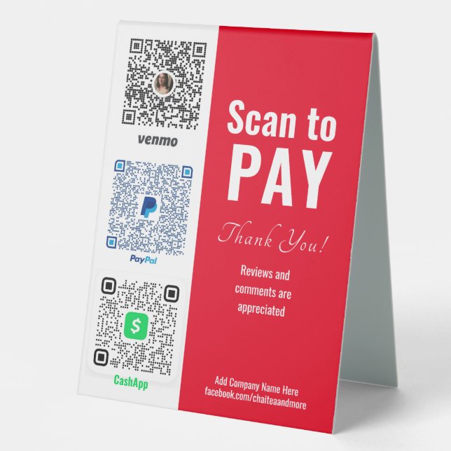 Pay Here QR Venmo PayPal Table Tent Sign (Front)