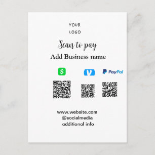 Paypal Cashapp venmo scan to pay QR add business Postcard