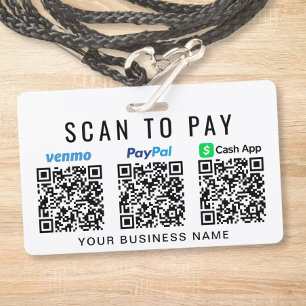 Paypal Venmo CashApp QR Code Scan to Pay ID Badge