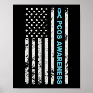 Pcos Awareness Month Teal Ribbon American Flag Men Poster
