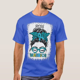 PCOS Warrior Messy Bun Teal Ribbon Leopard Support T-Shirt