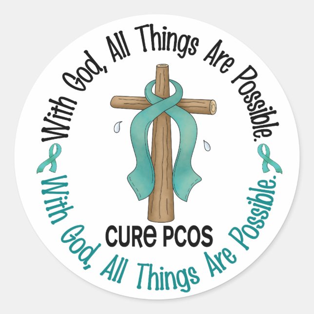 PCOS With God Cross Classic Round Sticker (Front)