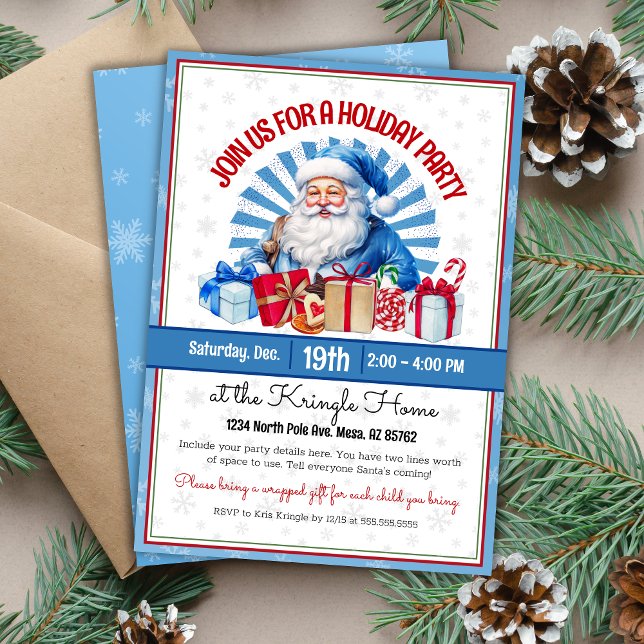 PD Blue Santa Christmas Holiday Party Invitation (Festive blue Christmas holiday party invitation for law enforcement police department or kids party)