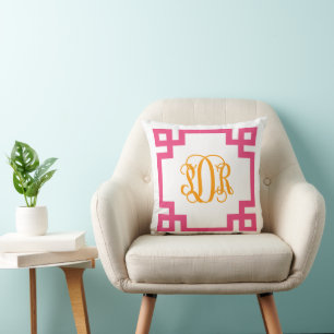 PDR Pink and Orange Greek Key Script Monogram Cushion