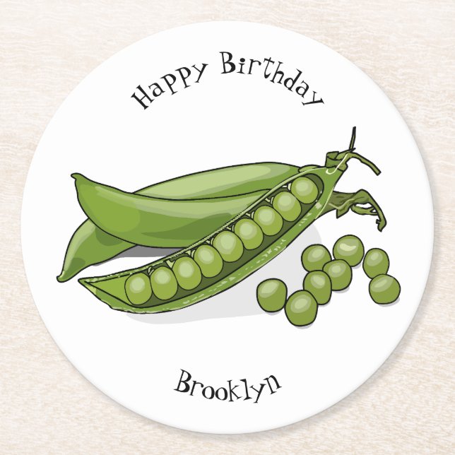 Pea cartoon illustration round paper coaster (Front)