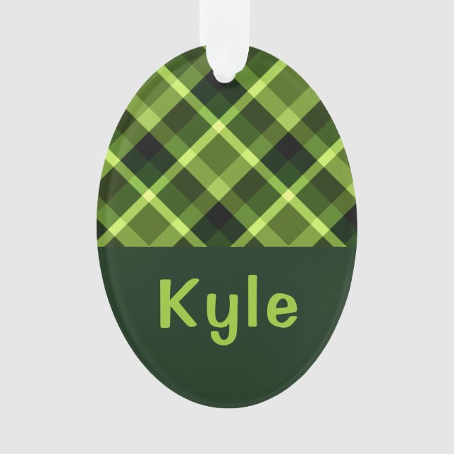 Pea Green Plaid Monogram Circle Acrylic Ornament  (Front)