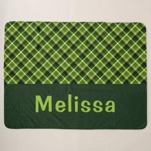 Pea Green Plaid Monogram Large Sherpa Blanket