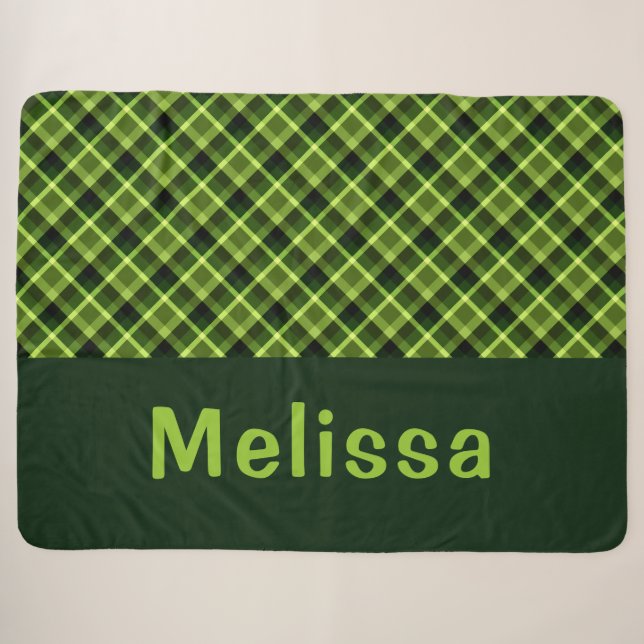 Pea Green Plaid Monogram Large Sherpa Blanket (Front (Horizontal))