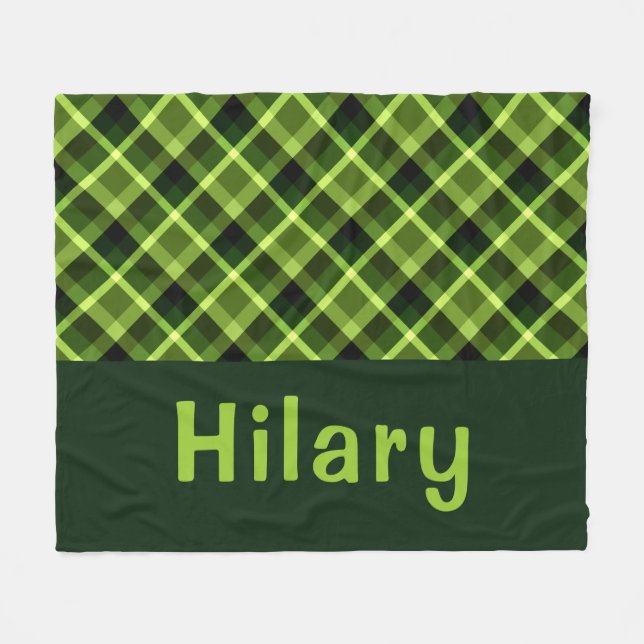 Pea Green Plaid Monogram Medium Fleece Blanket (Front (Horizontal))