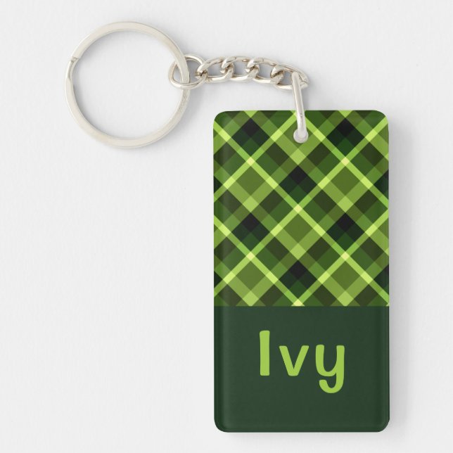 Pea Green Plaid Monogram Rectangle Keychain (Front)
