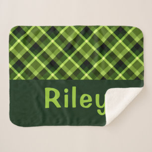 Pea Green Plaid Monogram Small Sherpa Blanket