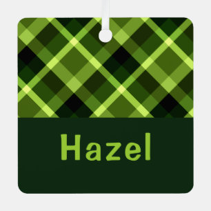 Pea Green Plaid Monogram Square Metal Ornament