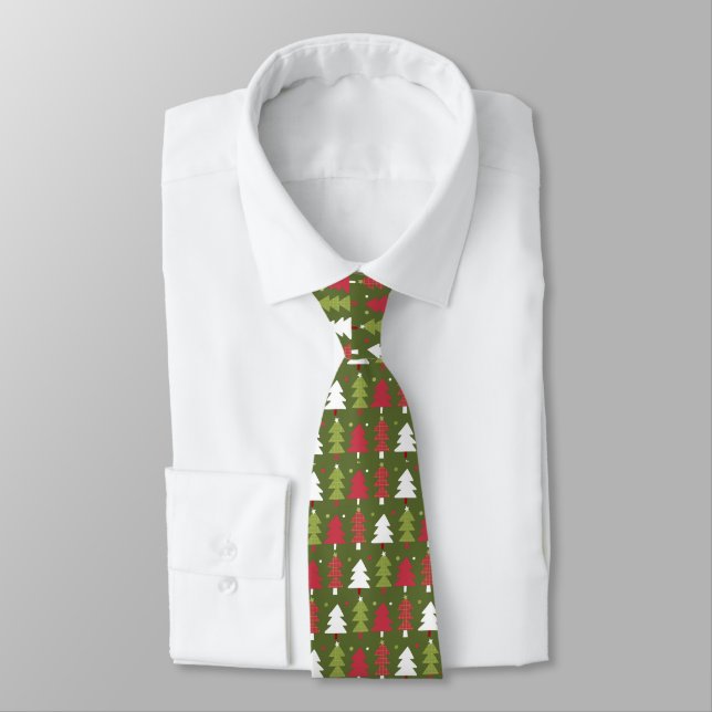 Pea Green With Red and White Christmas Trees  Tie (Tied)
