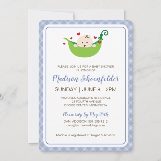 Pea in the Pod Baby Shower Invitation (Boy) (Front)
