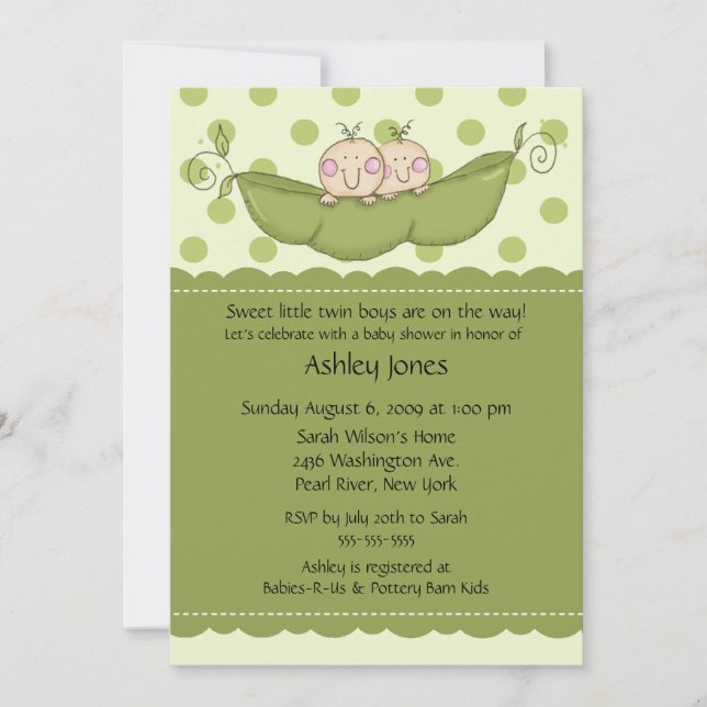 Pea Pod Twin Boy Or Girl Baby Shower Invitations (Front)