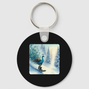 Pea Snowboards In Snowy Backdrop. Snowboarding Fro Key Ring