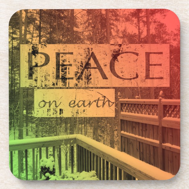 "Peace" Among the Pines Rustic Red Green Square Coaster (Front)