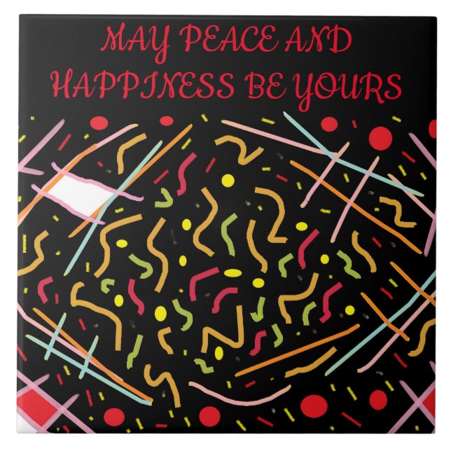 Peace and happiness message black red white design ceramic tile (Front)