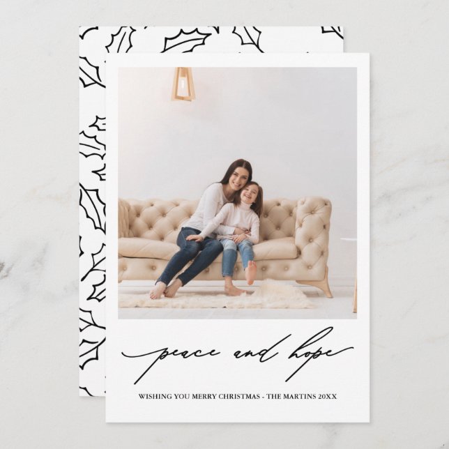 Peace and Hope Black and White Holly Print Holiday Invitation (Front/Back)