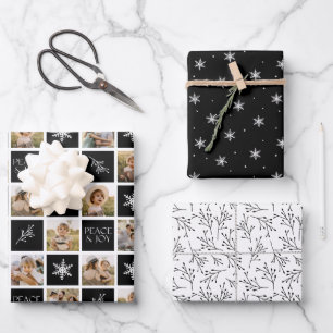 Peace and Joy Black Holiday Photo Collage Wrapping Paper Sheet