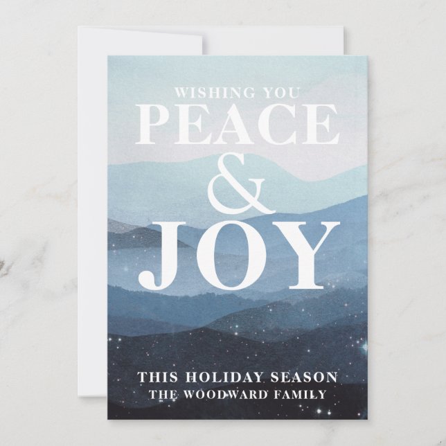 Peace And Joy Blue Mountains Stars Holiday Card (Front)