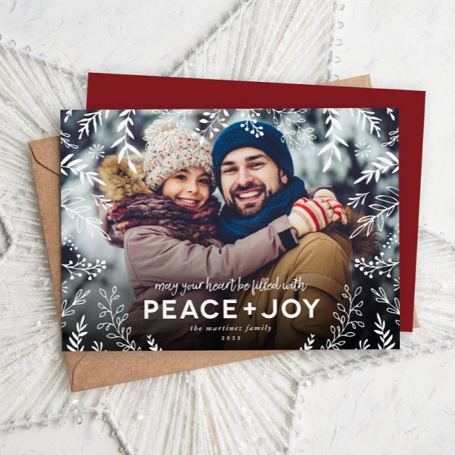 Peace and Joy Botanical Overlay Photo Holiday Card (Creator Uploaded)