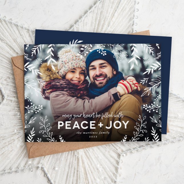 Peace and Joy Botanical Overlay Photo Holiday Card (Creator Uploaded)