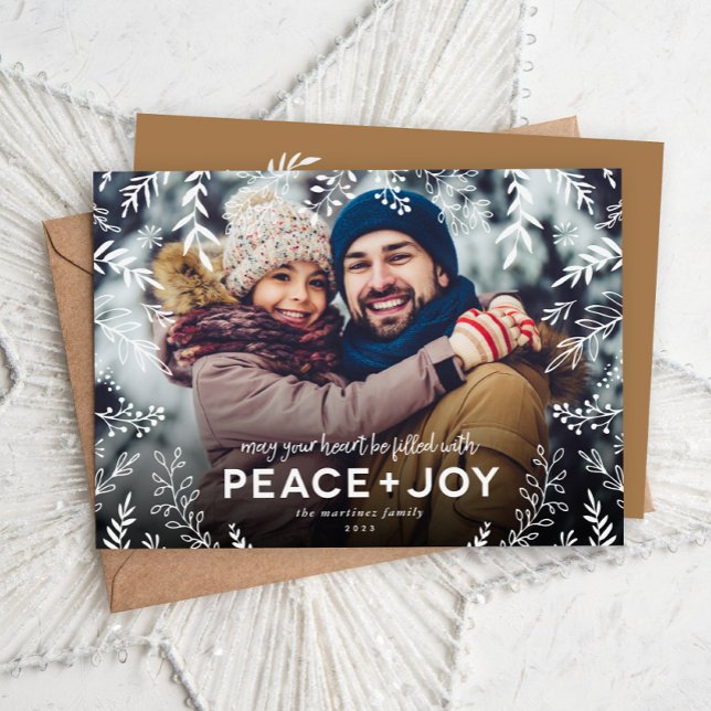 Peace and Joy Botanical Overlay Photo Holiday Card (Creator Uploaded)