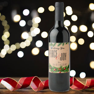 Peace And Joy Brown Rustic Red Berries Christmas Wine Label