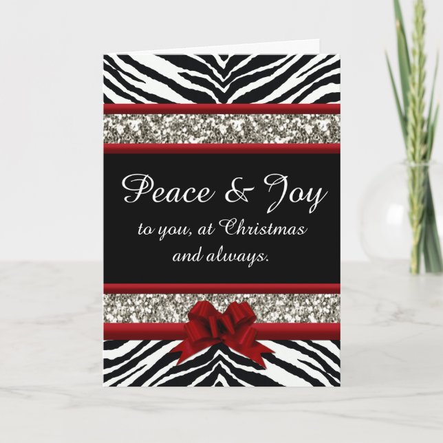 Peace and Joy Cute Zebra Red Bow Sparkle Christmas Holiday Card (Front)