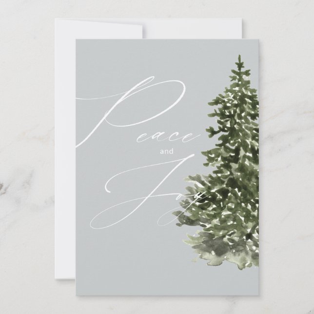 Peace and Joy Modern Calligraphy Christmas Tree Holiday Card (Front)